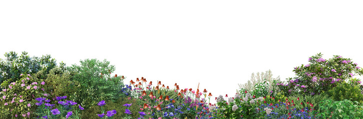 3d render distance in front of the camera Flower garden on a white background