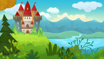 Plakat Cartoon scene beautiful castle near forest illustration