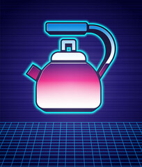 Retro style Kettle with handle icon isolated futuristic landscape background. Teapot icon. 80s fashion party. Vector