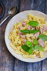  Italian home made   fusilli pasta  with  Tuna  fish, parmesan cheese and black pepper .