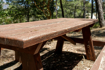 Close-up of empty wooden picnic table in the forest 