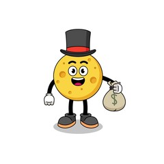 round cheese mascot illustration rich man holding a money sack