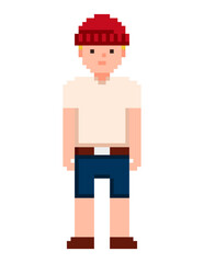 Pixel Illustration of young men wearing red hat and shorts.