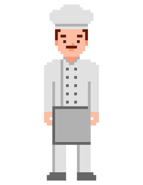 Chef isolated on white background. Cook pixel game style illustration. Vector pixel art design. 8 bit character icon.