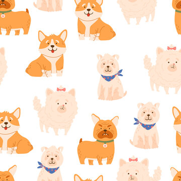 Seamless cartoon dogs pattern. Cute animals, pet vector hand drawn color background for kids apparel,fabric, textile, nursery decoration,wrapping paper