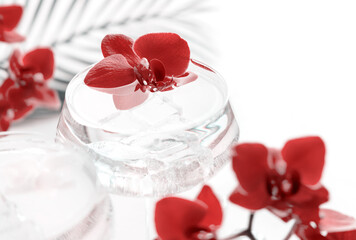 Transparent cocktail in a glass decorated with red orchid flowers close up