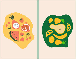 colorfull posters. Collection of fruits. Abstract elements, fruits for social media, postcards, print. Hand drawn vector pear, banana, lemon, watermelon