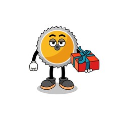 saw blade mascot illustration giving a gift