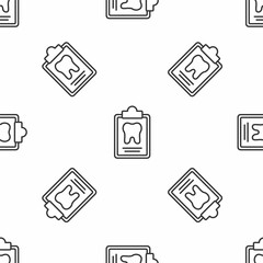 Grey line Clipboard with dental card or patient medical records icon isolated seamless pattern on white background. Dental insurance. Dental clinic report. Vector