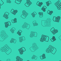 Black line Sim card rejected icon isolated seamless pattern on green background. Mobile cellular phone sim card chip. Mobile telecommunications technology symbol. Vector