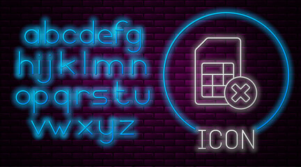 Glowing neon line Sim card rejected icon isolated on brick wall background. Mobile cellular phone sim card chip. Mobile telecommunications technology symbol. Neon light alphabet. Vector