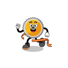 Mascot cartoon of saw blade running on finish line