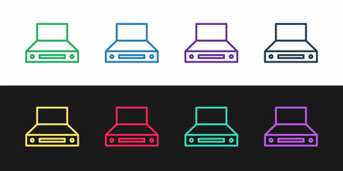 Set line Kitchen extractor fan icon isolated on black and white background. Cooker hood. Kitchen exhaust. Household appliance. Vector