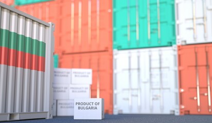Box with PRODUCT OF BULGARIA text and cargo containers. 3D rendering