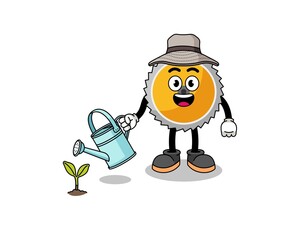 Illustration of saw blade cartoon watering the plant