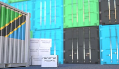 PRODUCT OF TANZANIA text on the cardboard box and cargo terminal full of containers. 3D rendering