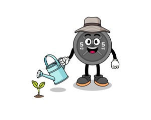 Illustration of barbell plate cartoon watering the plant