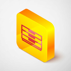 Isometric line Chest of drawers icon isolated on grey background. Yellow square button. Vector