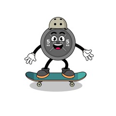 barbell plate mascot playing a skateboard