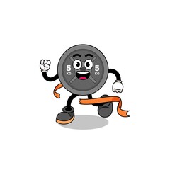 Mascot cartoon of barbell plate running on finish line