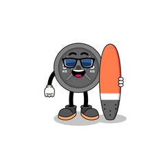 Mascot cartoon of barbell plate as a surfer
