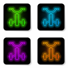 Glowing neon line Bicycle for kids icon isolated on white background. Black square button. Vector