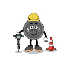 Character cartoon of barbell plate working on road construction