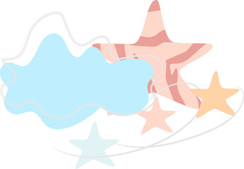 Minimalist abstract illustration featuring colorful starfish, ocean waves, and swirling lines, evoking a playful beach theme