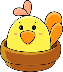 The yellow hen is sitting in the nest. Cute cartoon chicken vector bird.