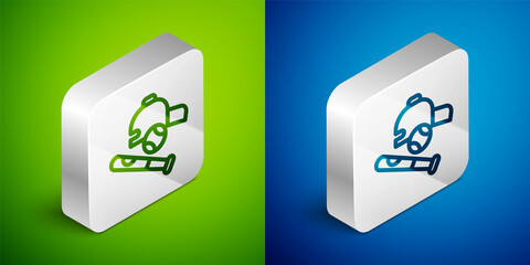 Isometric line Baseball bat with ball, hat icon isolated on green and blue background. Silver square button. Vector