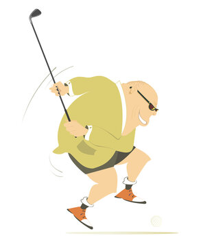 Cartoon golfer man on the golf course illustration. 
Smiling fat bald-headed golfer in sunglasses with a golf club trying to do a good shot from the stand. Isolated on white background
