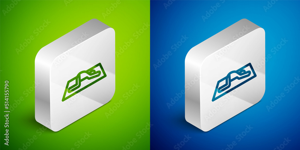 Sticker Isometric line Muslim man prays on the carpet icon isolated on green and blue background. Silver square button. Vector