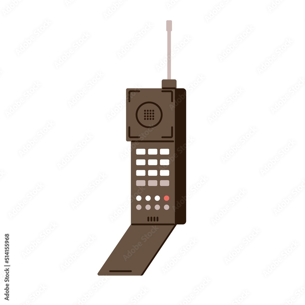 Poster old cellphone with antenna. portable mobile telephone of 90s. retro wireless cell phone model, first