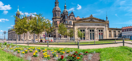 Panoramic cityscape over historical and touristic center in Dresden downtown Cathedral of Holy...