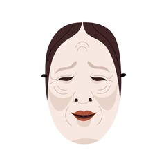 Japanese noh mask of onna face, woman head with emotions. Japan kabuki theater character for Asian folk festival. Oriental flat graphic vector illustration isolated on white background