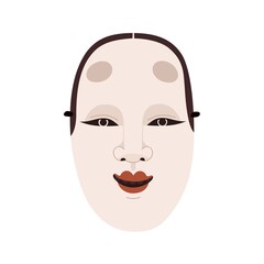Japanese noh mask of female wakaonna face. Asian woman head with smile. Japan kabuki theater character for oriental theatrical festival. Flat graphic vector illustration isolated on white background