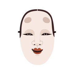 Japanese noh mask of female wakaonna face. Asian woman head with smile. Japan kabuki theater character for oriental theatrical festival. Flat graphic vector illustration isolated on white background