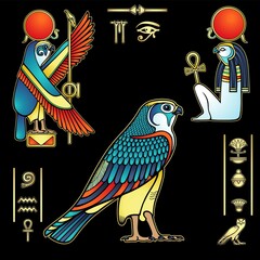 Animation color drawing: set of images of sacred Egyptian Falcon bird. Animal and human. Vector illustration isolated on a black background. - obrazy, fototapety, plakaty