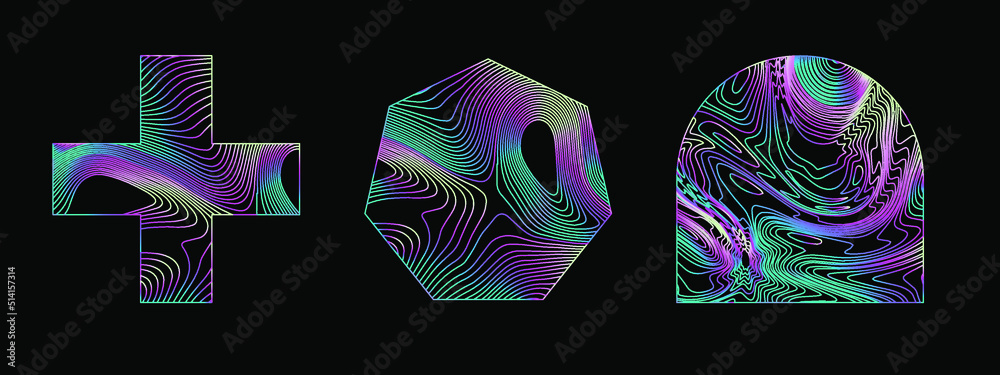 Poster Set of holographic shapes on a dark background. Elements for logotype design.