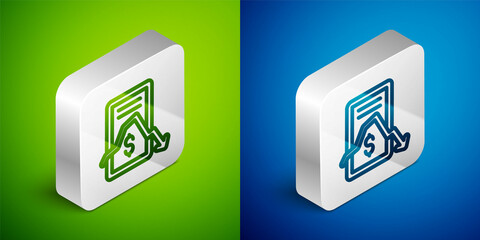 Isometric line Mobile stock trading concept icon isolated on green and blue background. Online trading, stock market analysis, business and investment. Silver square button. Vector