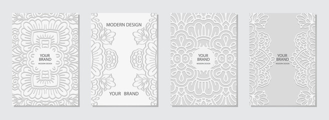Obraz premium Cover set, vertical ethnic templates. Collection of openwork white backgrounds with 3D relief geometric pattern. Tribal ornaments based on East, Asia, India, Mexico, Aztecs, Peru.