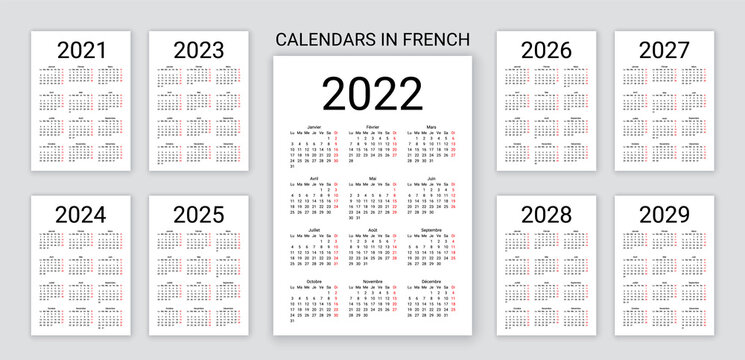 Calendar 2022, 2023, 2024, 2025, 2026, 2027, 2028 years in French. Vector illustration. Desk planner.