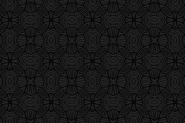 Embossed black background, cover design. Geometric exotic 3D pattern, ethnic texture. Tribal ornaments of the East, Asia, India, Mexico, Aztecs, Peru. National traditions.
