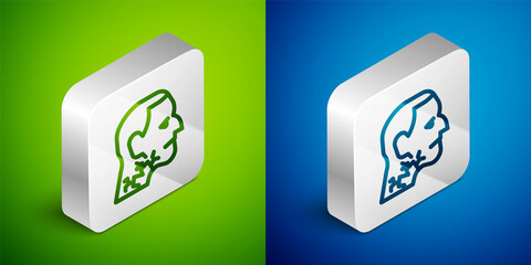 Isometric line Throat cancer icon isolated on green and blue background. Laryngeal cancer. Silver square button. Vector