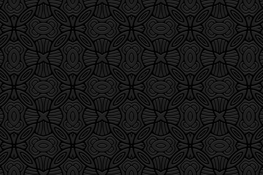 Embossed black background, cover design. Geometric exotic 3D pattern, ethnic texture. Tribal ornaments of the East, Asia, India, Mexico, Aztecs, Peru. National traditions.
