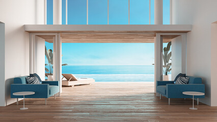 beach interior sea view hotel and resort  - 3D rendering - obrazy, fototapety, plakaty