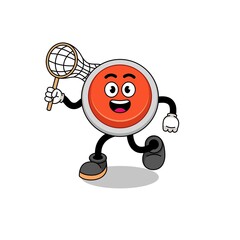 Cartoon of emergency button catching a butterfly