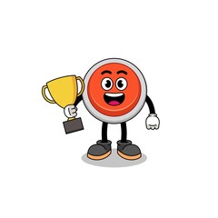 Cartoon mascot of emergency button holding a trophy