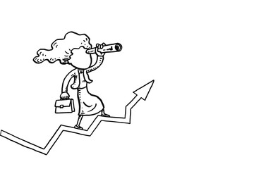 Smart investor searching for new business ideas. Bussiness woman standing on rising stock market value. Cartoon vector illustration design