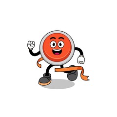 Mascot cartoon of emergency button running on finish line